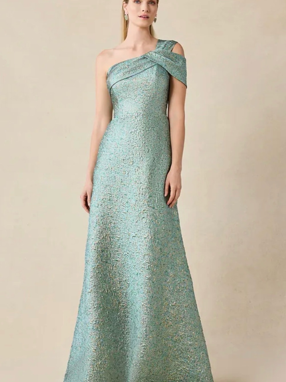 One-Shoulder Aqua Metallic Evening Gown